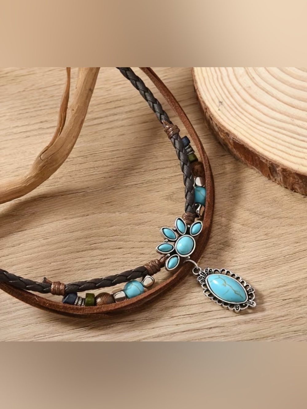 🔥sold🔥Western Necklace Bohemian Turquoise Floral Pendant Layered PU Leather